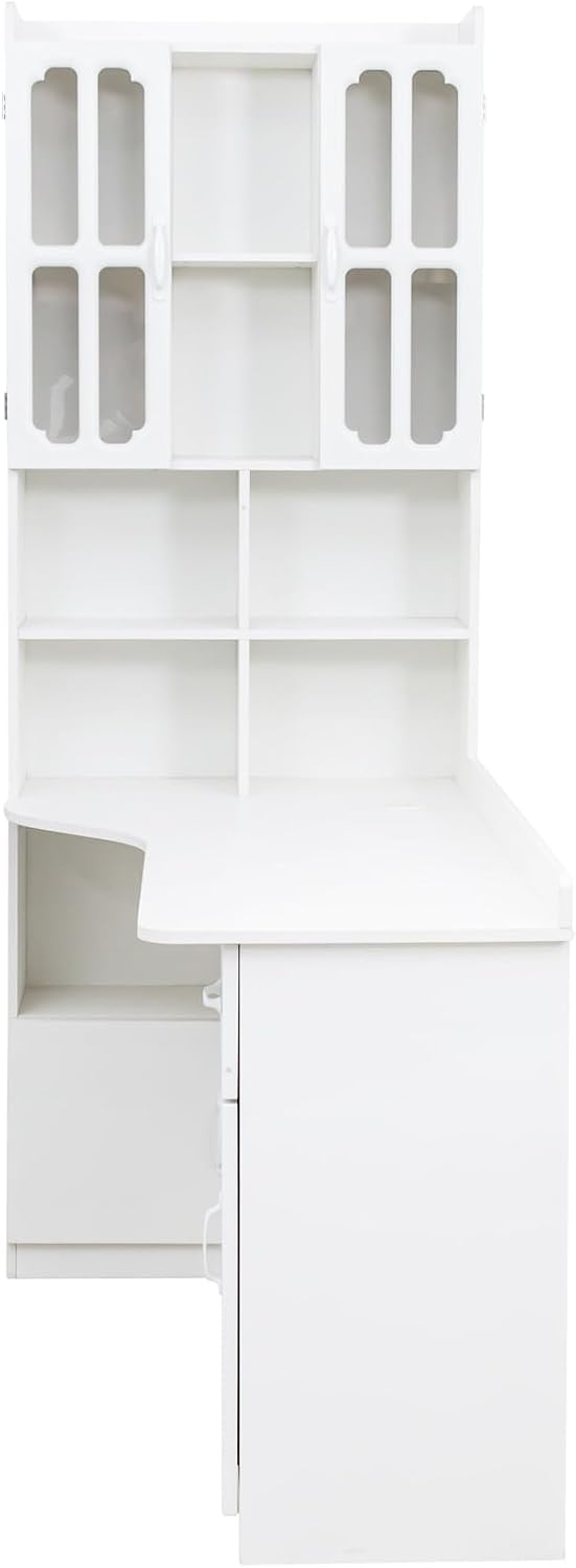 ZeHuoGe L-Shaped Corner Computer Desk for Home Office or Study Desk, Study Modern Style Table with Drawers, Bookshelf & Hutch, 2-in-1 L-Shaped Design, Large Working Space (White)