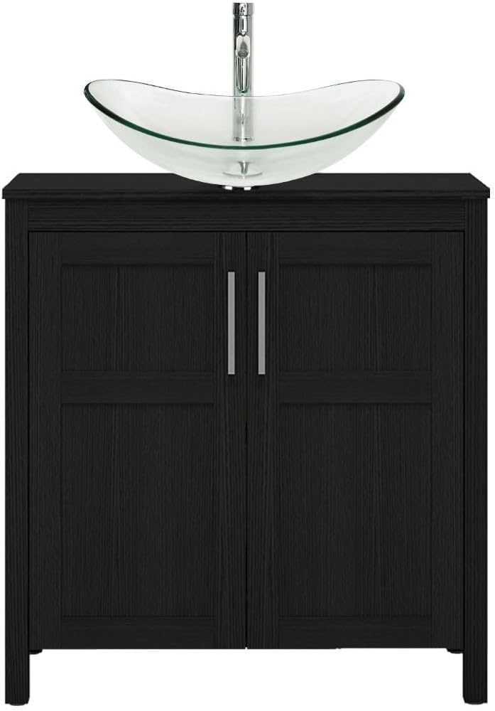 YOURLITE 30 Inches Traditional Bathroom Vanity Set with Single Faucet Hole, Clear Boat Glass Sink, Black Finish, 2-Door Cabinet