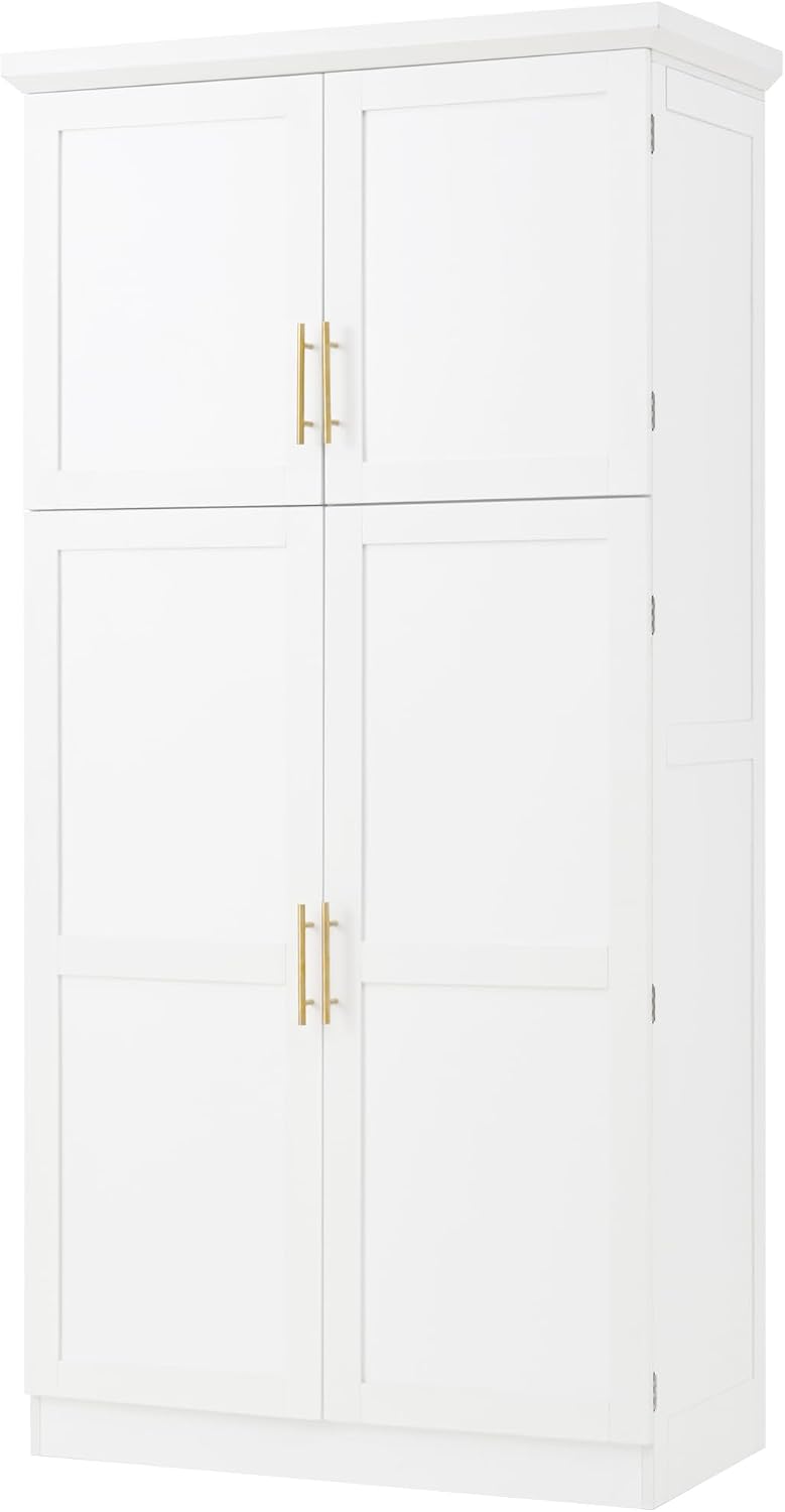 Freestanding Kitchen Pantry Storage Cabinet, 70.9''H Tall Wooden Kitchen Organizers with 4 Doors, 2 Door Shelves, 8 Pull-out Trays and Adjustable Shelf for Dining Room Living Room (White-8.5)