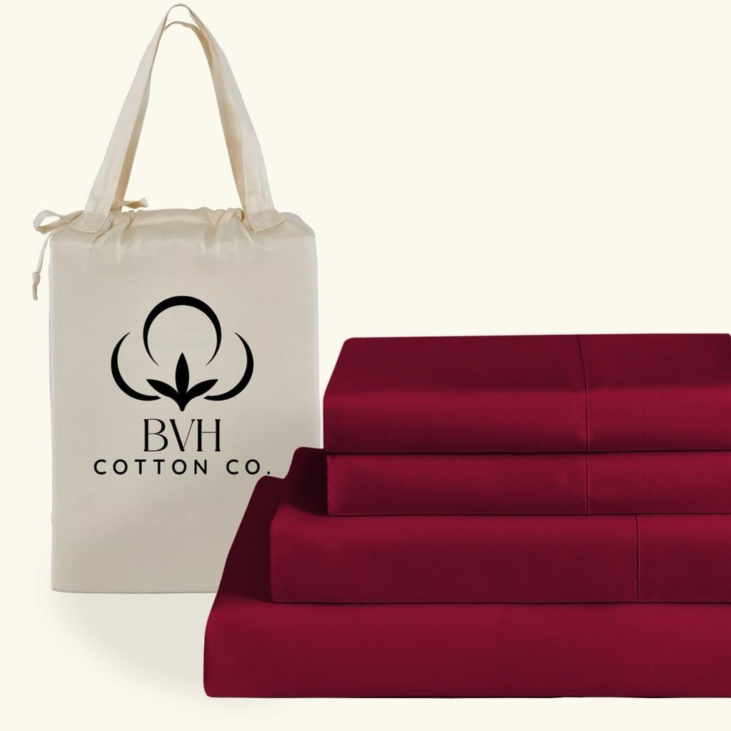 Egyptian Cotton Queen Size Sheet Set, 4Pc Bed Set, Soft & Breathable Percale Weave, Fits 10-12' Deep Pocket, Hotel-Quality 1000 Series Bed Sheets (Solid, Burgundy)