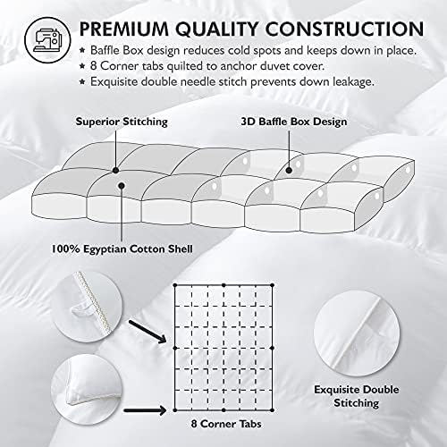 Luxurious King/California King Size Goose Down Fiber Waterfowl Feather Fiber Comforter Duvet, 100% Cotton Cover, 58 oz. Fill Weight, Baffle Box Design, White Solid