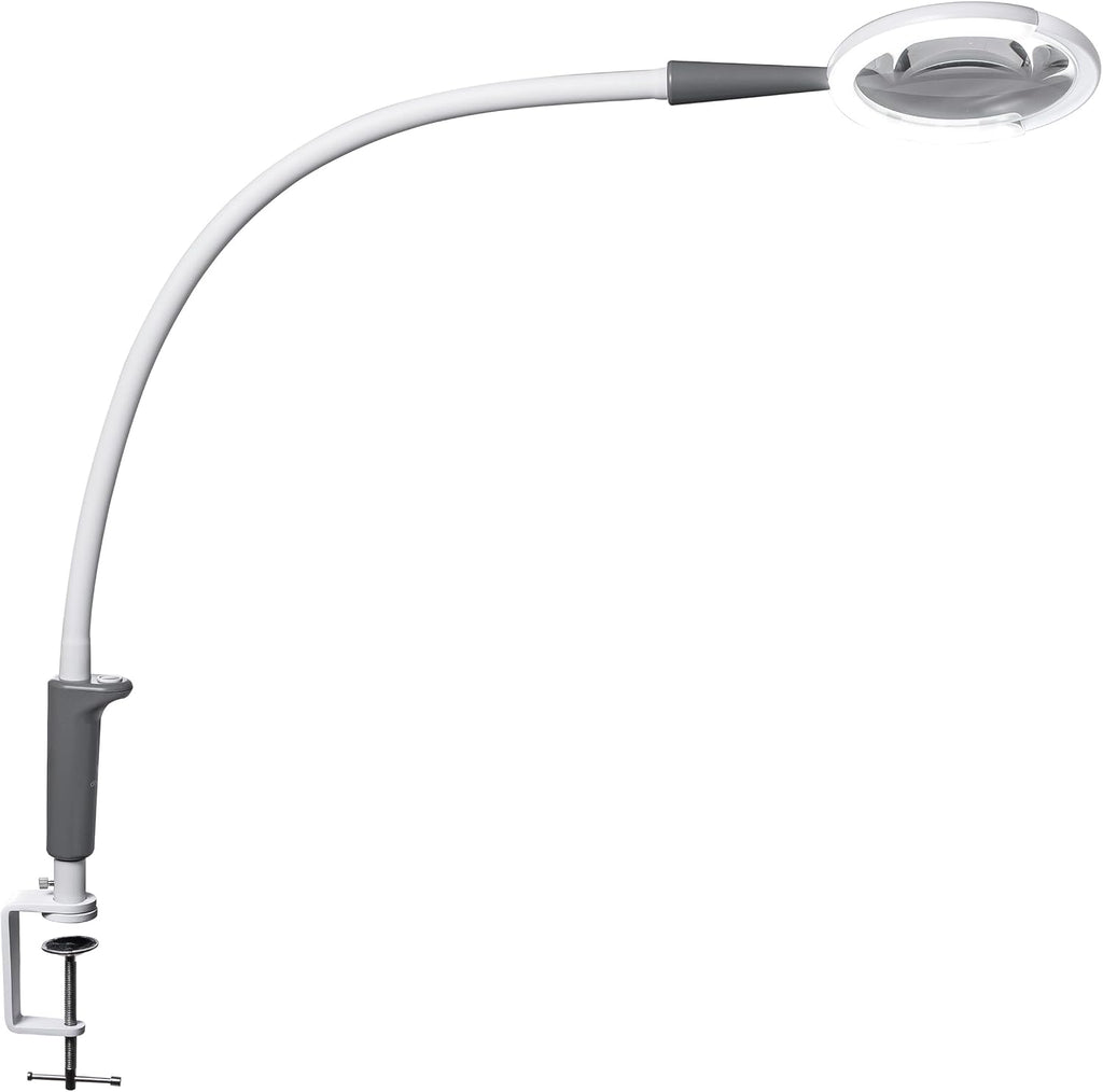 Daylight Magnificent Pro™ LED Magnifying Lamp with Clamp – 2-in-1 Task Light & Magnifier, 5,500 Lux at 6', 5' 1.75X Lens, 3 Brightness Levels, Flexible 26' Arm, 95+ CRI, Easy Twist Head – White/Grey