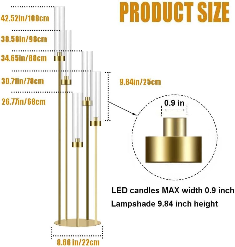 42.5in Gold Candelabra Centerpieces for Tables Candlestick Holders Decor Wedding Centerpiece Table Decorations 5 arm Candle Holder Set of 8 Acrylic lampshade Fit 0.9' LED Candle