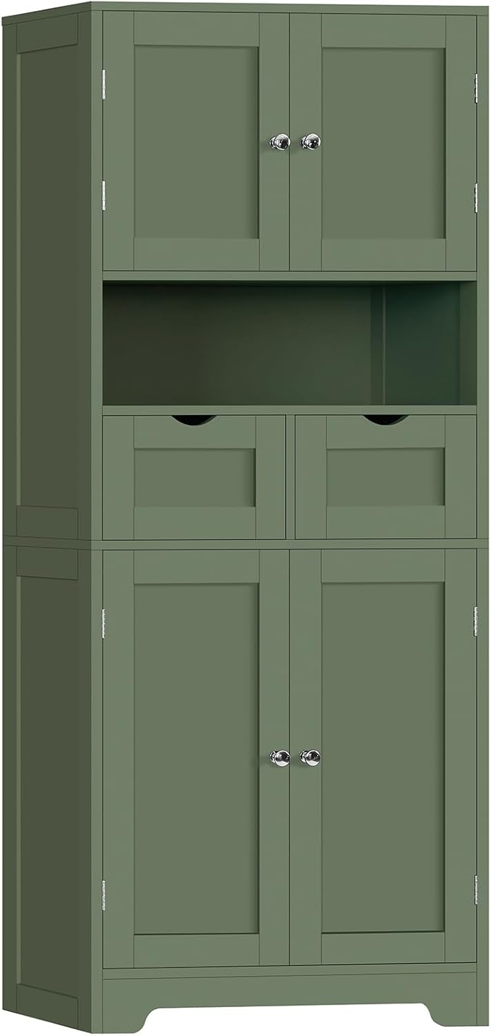 Iwell 58' H Tall Bathroom Storage Cabinet with 2 Drawers & 2 Adjustable Shelves, Bathroom Cabinet with 4 Doors, Tall Cabinet for Living Room, Dining Room, Entryway, Forest Green