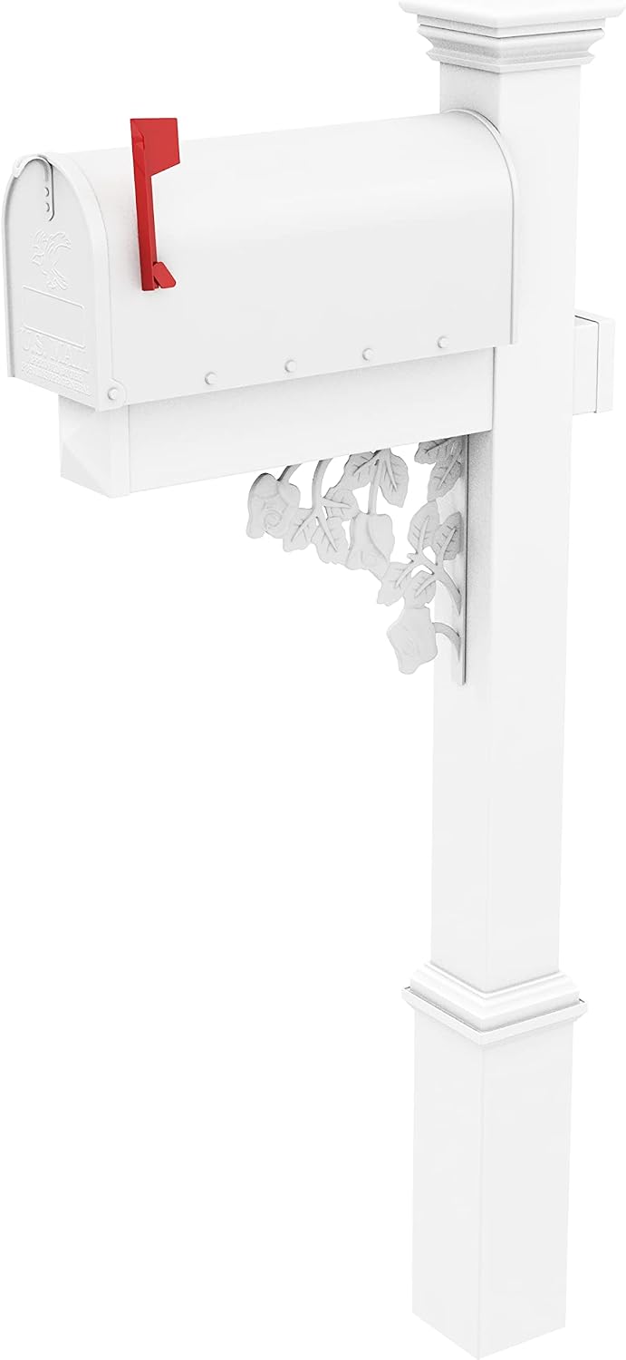 4Ever Products The Hoover Mailbox with White Vinyl Post Included Complete Decorative Curbside Mailbox System with Classic Traditional Style (White Mailbox)