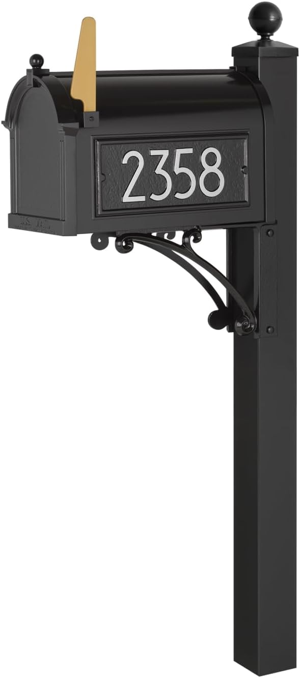 Whitehall Custom Extra Large Mailbox, Capitol Model with Modern Style Address Plaques and Post Package, Sand Cast Aluminum, Black Personalized in Silvertone