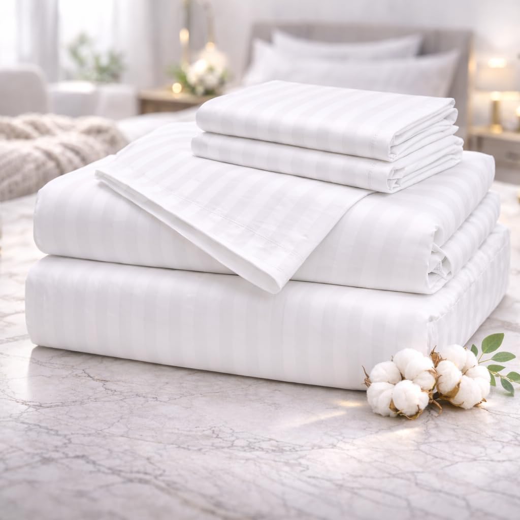 CASA ESENCIA 100% Egyptian Cotton Sheets Queen Size – 1000 Thread Count Luxury Hotel Sateen Weave Sheet Set, Soft & Breathable, 17' Deep Pocket, 4-Piece White Striped Bedding, All-Season Comfort