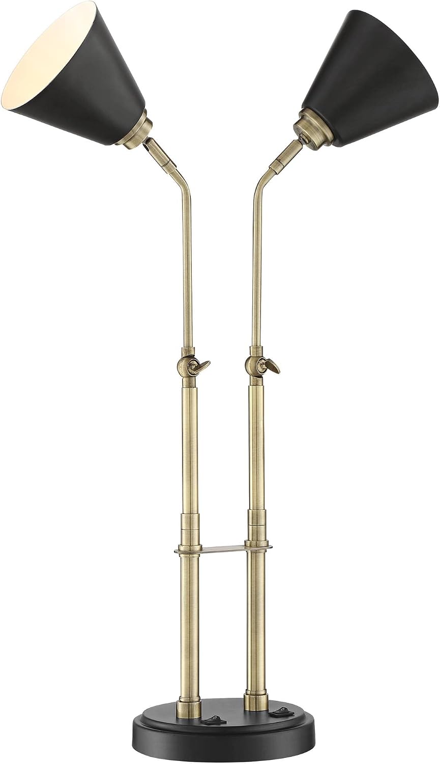 Possini Euro Design Sentry 23' High Mid Century Modern Desk Lamp with USB Charging Ports A+C Black Brass Gold Metal LED Adjustable Cone Shade for Living Room Bedroom House Bedside Nightstand Office