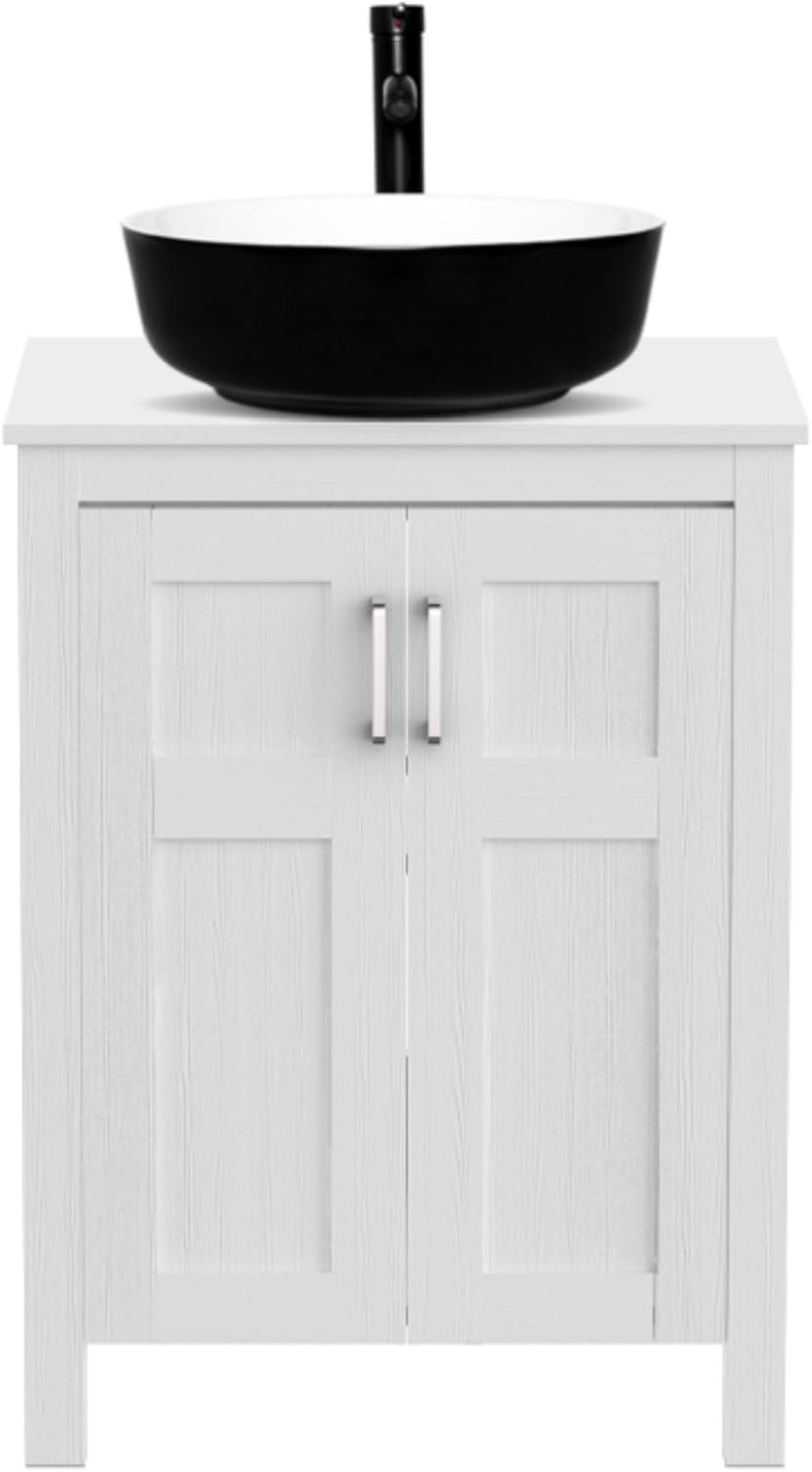 YOURLITE Bathroom Vanity with Sink, 24' White Bathroom Vanity Sink Combo with Black White Ceramic Basin Faucet & Pop Up Drain Set