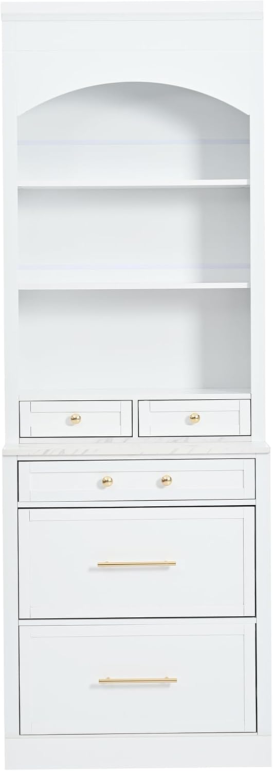 Modern 83.7inch High Kitchen Pantry, Freestanding Tall Kitchen Hutch with Faux Marble Top, Cupboard Cabinet with 5 Storage Drawers and Adjustable Shelf, Wood Storage Cabinet, Set of 2 (White-3)