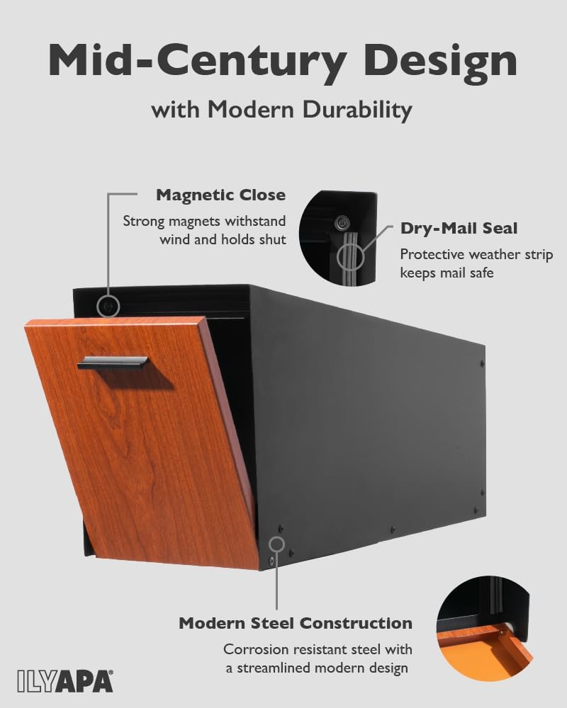 Ilyapa Modern Mailbox Post Mount - Large Mailbox for Outside - Black Metal Mail Box - Powder Coated Steel - All Weather Resistant