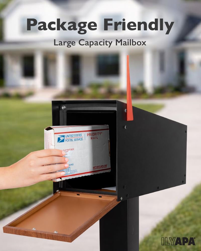 Ilyapa Modern Mailbox Post Mount - Large Mailbox for Outside - Black Metal Mail Box - Powder Coated Steel - All Weather Resistant