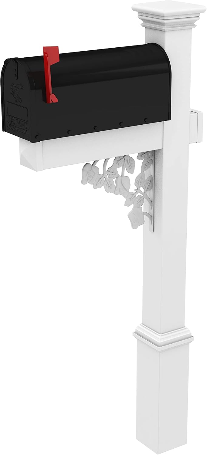 4Ever Products The Hoover Mailbox with White Vinyl Post Included Complete Decorative Curbside Mailbox System with Classic Traditional Style (Black Mailbox)