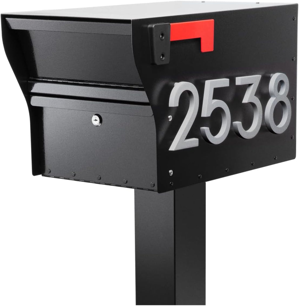 Whitehall MailVault Streetside Locking Mailbox with Post, Personalize with Modern Stand-Off Address Numbers Package – Steel, Secure Weather Resistant Modern Square Mailbox (Black/Silver)
