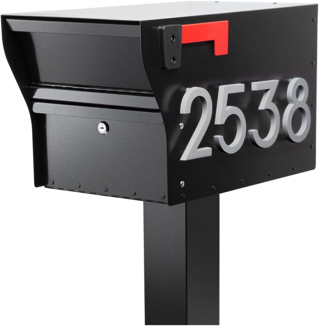 Whitehall MailVault Streetside Locking Mailbox with Post, Personalize with Modern Stand-Off Address Numbers Package – Steel, Secure Weather Resistant Modern Square Mailbox (Black/Silver)