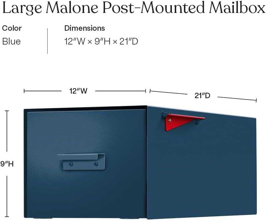 post & porch Malone Mailbox | Post Mounted Mailbox | Black/White/Gray/Brown/Red/Blue/Green, Regular or Large, Weatherproof Mail Box for Outside, Customizable (Blue, Large)