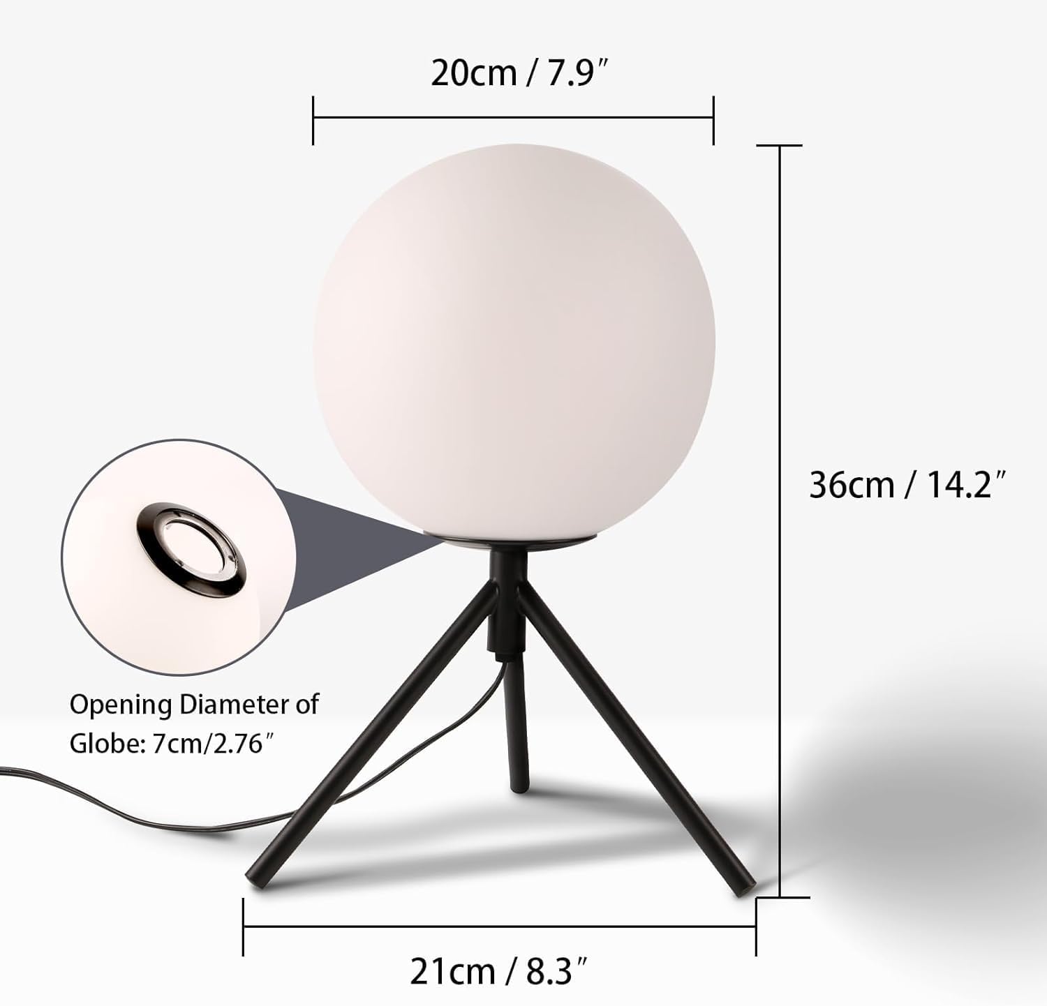 Black Globe Table Lamp Set of 2, Modern Minimalist Table Lamp with Milky White Shade, 8' Glass Ball Bedside Lamp Orb Nightstand Lamp Small Desk Lamps for Bedroom Living Room Home Office Study