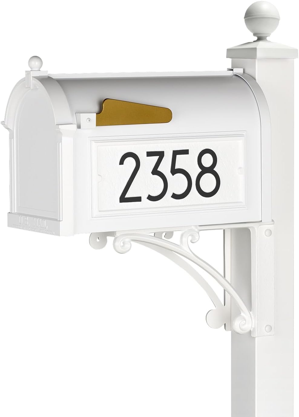 Whitehall Custom Extra Large Mailbox, Capitol Model with Modern Style Address Plaques and Post Package, Sand Cast Aluminum, White Personalized in Black