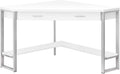 Pemberly Row Corner Computer Desk, 42 in, Particle Board and Metal, White and Silver Finish, 1 Drawer, Bottom Shelf, Contemporary Home Office Workstation for Small Spaces