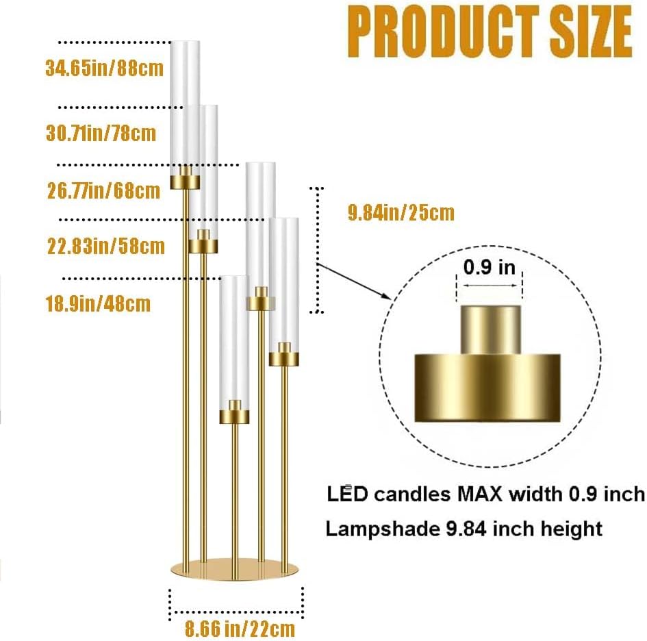 35in 8 Set Gold Candelabra Candle Centerpieces for Tables Candlesticks Holder Wedding Centerpieces Table Decorations Acrylic lampshade Fit 0.9' LED Candle