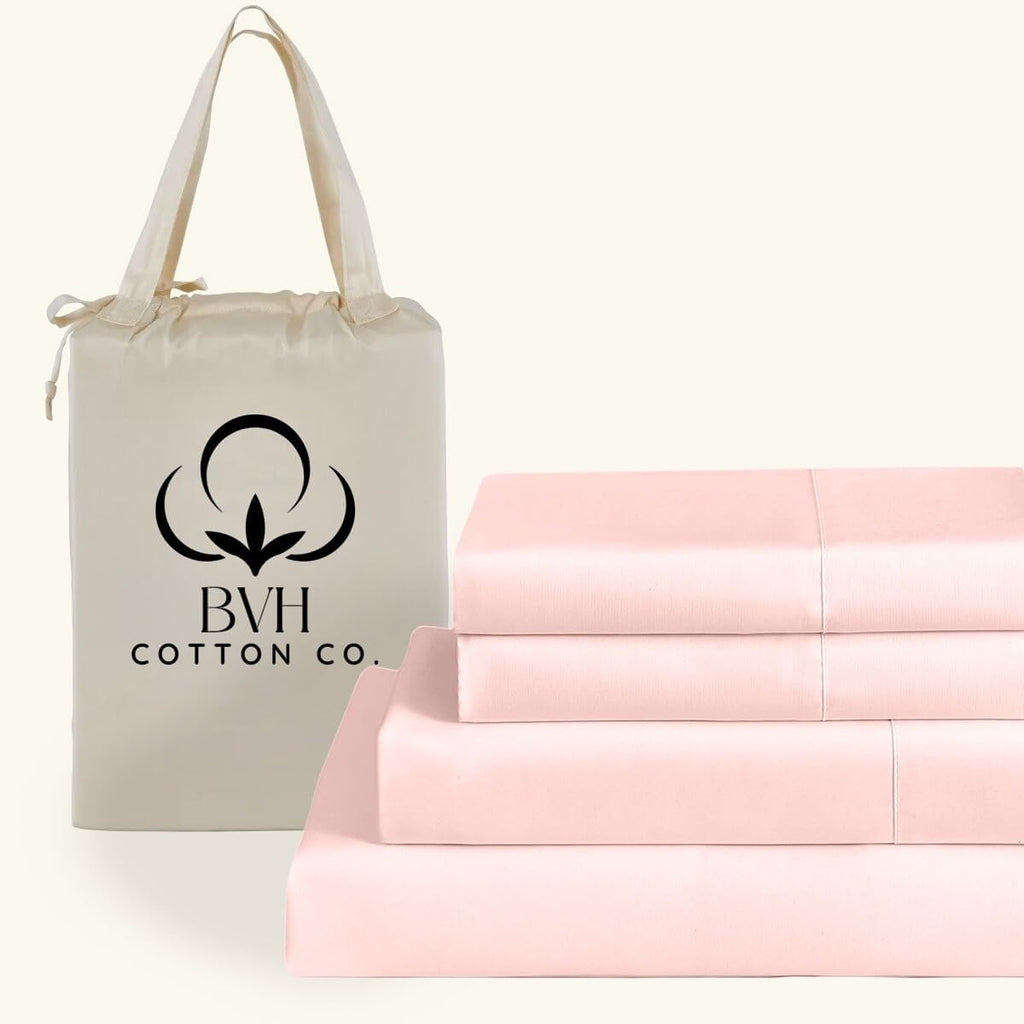 Egyptian Cotton Queen Size Sheet Set, 4Pc Bed Set, Soft & Breathable Percale Weave, Fits 10-12' Deep Pocket, Hotel-Quality 1000 Series Bed Sheets (Solid, Light Pink)