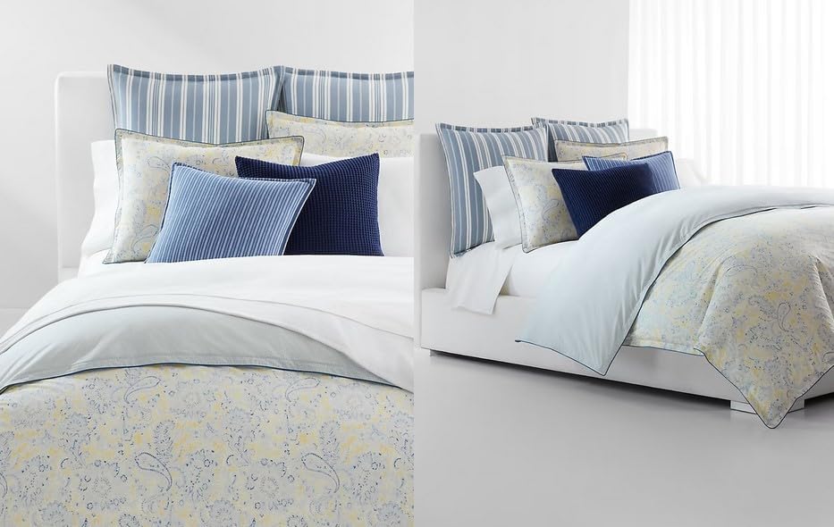 Lauren Ralph Lauren Marisa King 3 pc Comforter Set Shams Paisley Print Yellow, Blues on White Ground. Reverses to Blue Stripe.