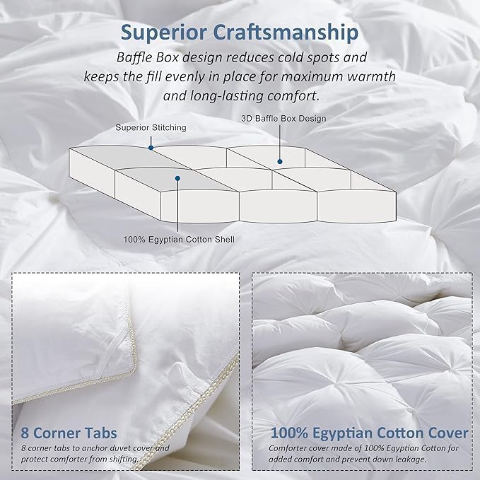 Luxurious All-Season Luxury Siberian Goose Down Pinch Pleated Comforter Duvet Insert 1200 Thread Count 120 X 98 inches, 100% Egyptian Cotton Down Feather Comforter (Palatial King, White)