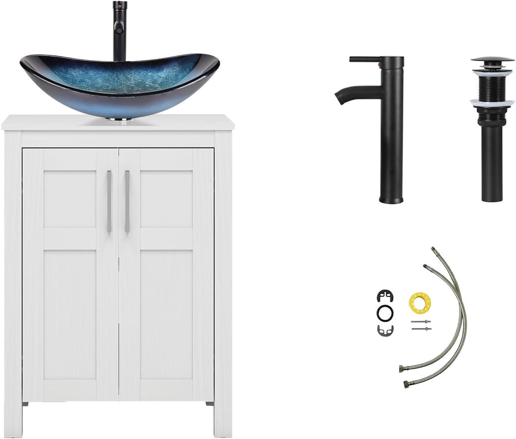 YOURLITE 24' Bathroom Vanity with Sink, White Bathroom Vanity and Sink Combo with Faucet & Pop Up Drain Set,Traditional Vanity with Blue Glass Bowl Bathroom Sink