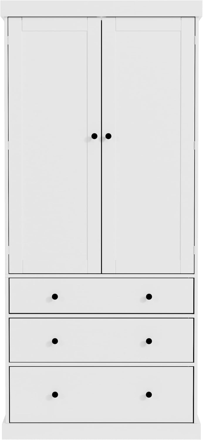 77inch Farmhouse Kitchen Pantry, Wood Storage Cabinet with 3 Adjustable Shelves, Freestanding Tall Cupboard Storage Cabinet with 8 Door Shelves and 3 Drawers for Kitchen, Dining Room (White-1)