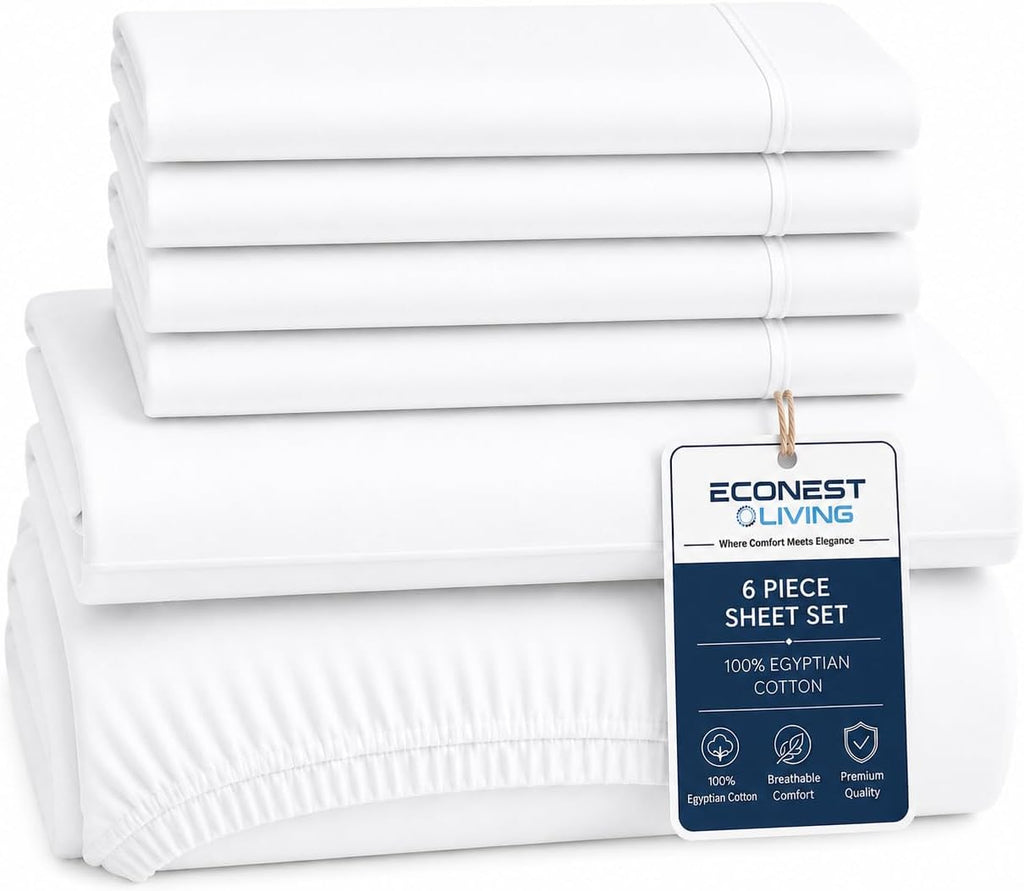 California King Sheet Sets - 100% Egyptian Cotton Sheets California King Size, 6 Pc, Cal King Sheet Set, Soft Sateen Weave, 16' Deep Pocket California King Sheet Set - White