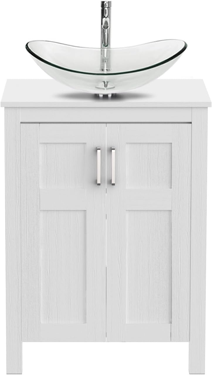YOURLITE 24 Inches Traditional Bathroom Vanity Set with Single Faucet Hole, Clear Boat Glass Sink, White Finish, 2-Door Cabinet