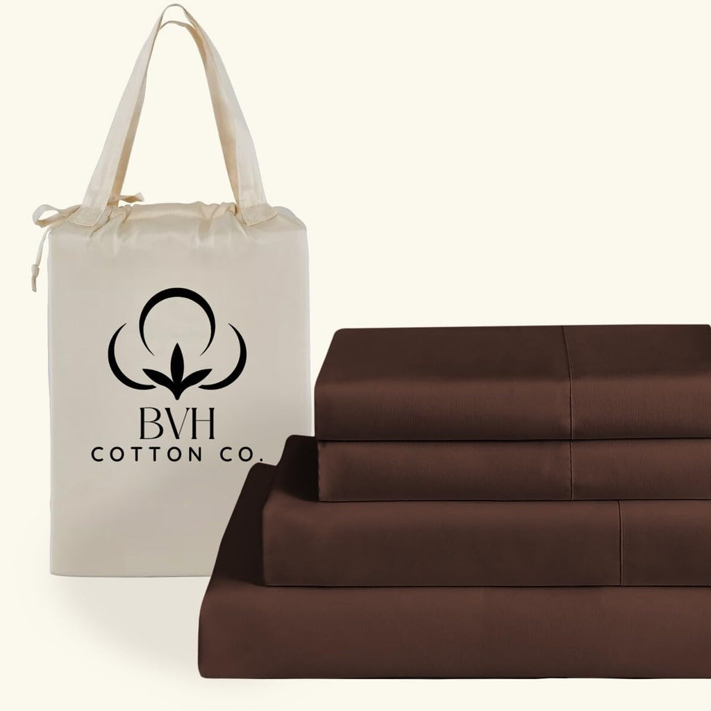 Egyptian Cotton Queen Size Sheet Set, 4-PCs Bed Set, Soft & Breathable Percale Weave, Fits 10-12' Deep Pocket, Hotel-Quality 1000 Series Bed Sheets (Solid, Chocolate)