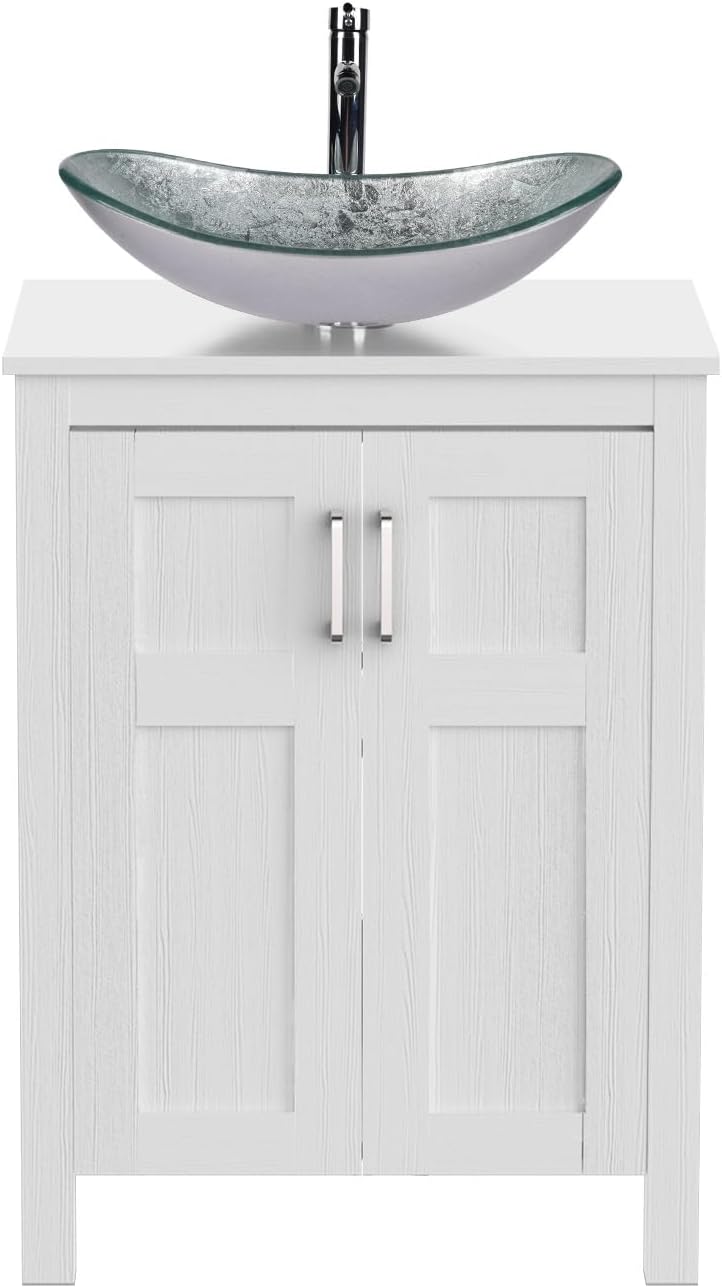 YOURLITE 24' Bathroom Vanity with Sink, White Bathroom Vanity and Sink Combo with Faucet & Pop Up Drain Set,Traditional Vanity with Blue Glass Boat Bathroom Sink