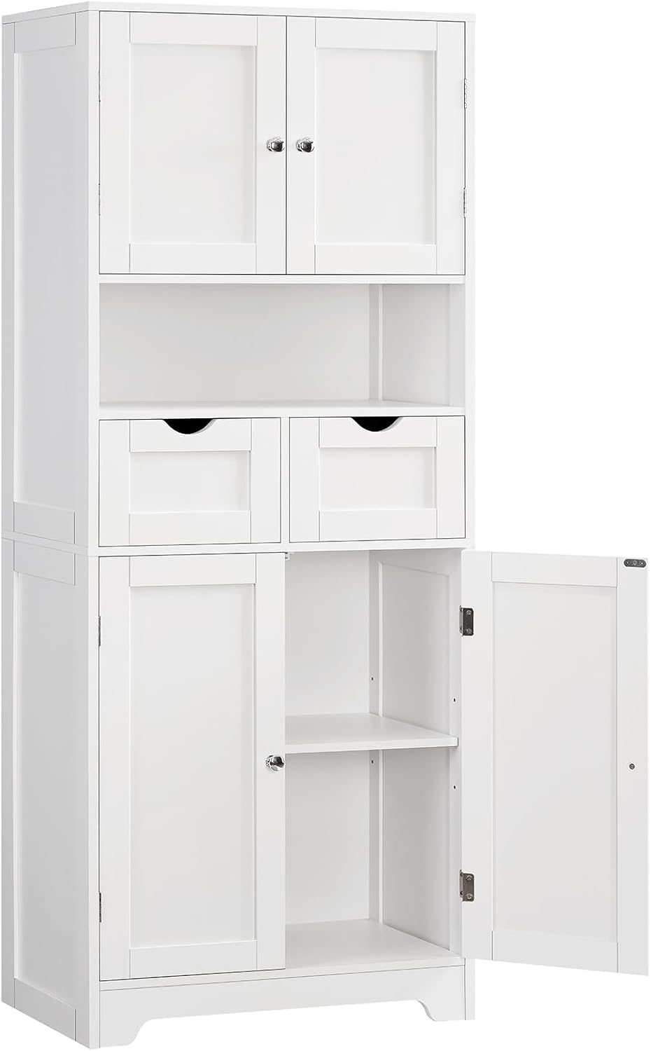Iwell Tall Storage Cabinet with Adjustable Shelf & 2 Drawers, Kitchen Pantry Cabinet, Pantry Cabinets with 4 Doors, Tall Cabinets for Living Room, Kitchen, Bathroom, White