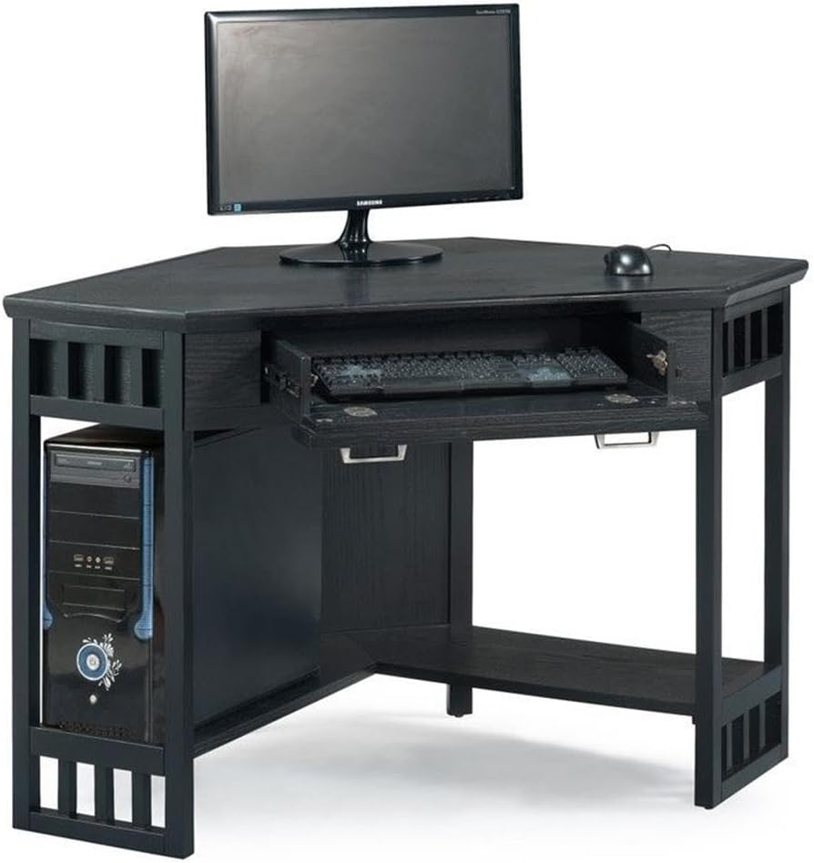 Leick Home 83430 Corner Computer/Writing Desk with Center Keyboard Drawer and Shelf, Black Oak