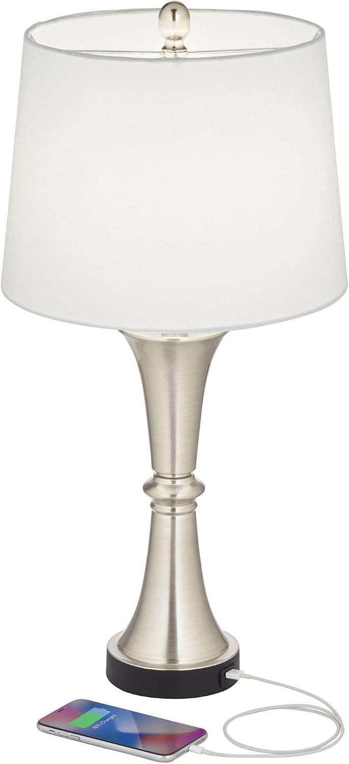 360 Lighting Seymore Modern Table Lamps 26' Tall Set of 2 with USB Charging Port Silver LED Touch On Off White Drum Shade for Bedroom Living Room House Home Desk Bedside Nightstand Office