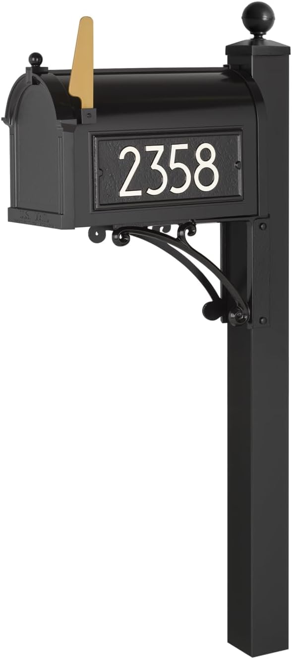 Whitehall Custom Extra Large Mailbox, Capitol Model with Modern Style Address Plaques and Post Package, Sand Cast Aluminum, Black Personalized in White