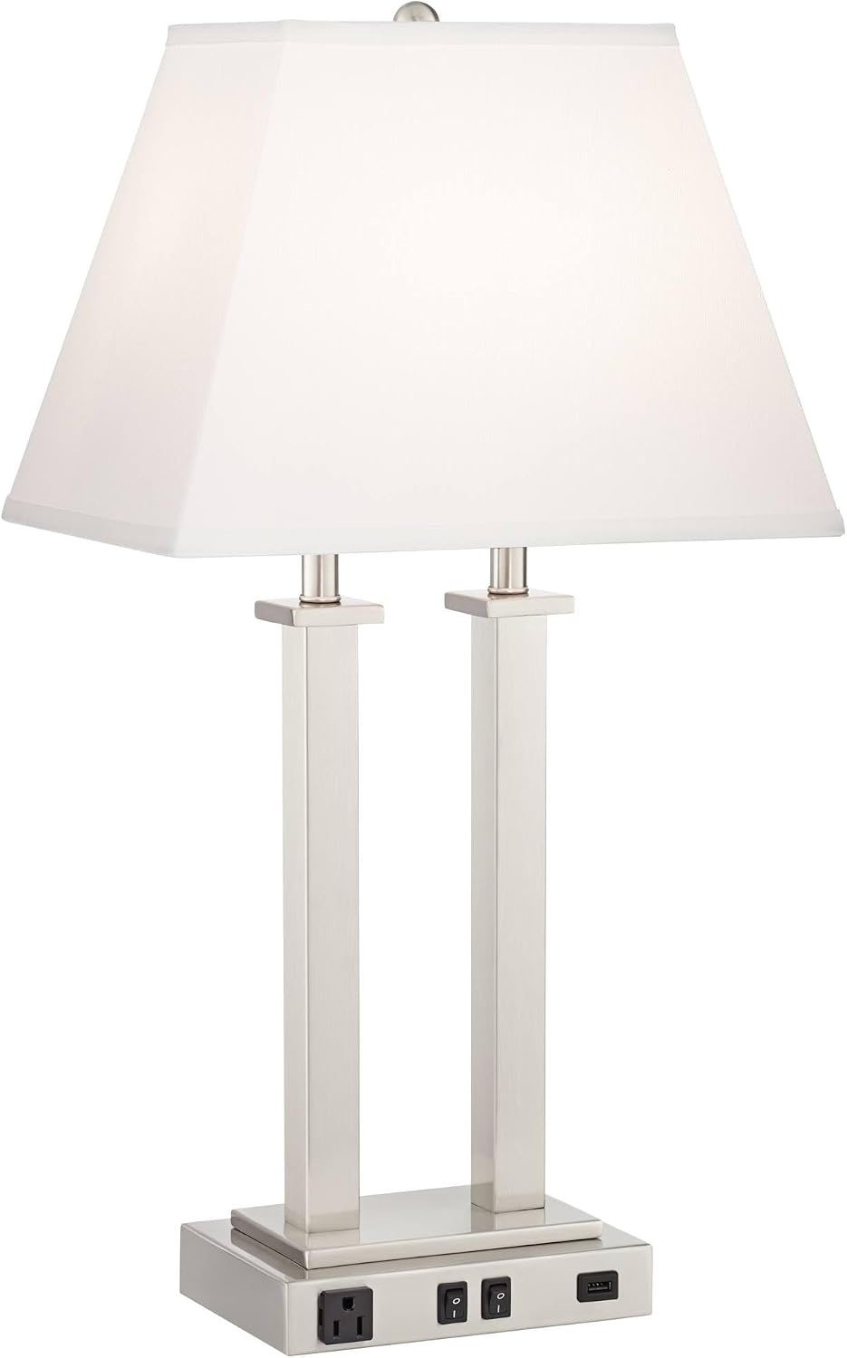 Possini Euro Design Amity Modern Table Lamp 26' High with USB and AC Power Outlet in Base Brushed Nickel White Linen Hardback Shade for Bedroom Living Room House Home Desk Bedside Nightstand Office