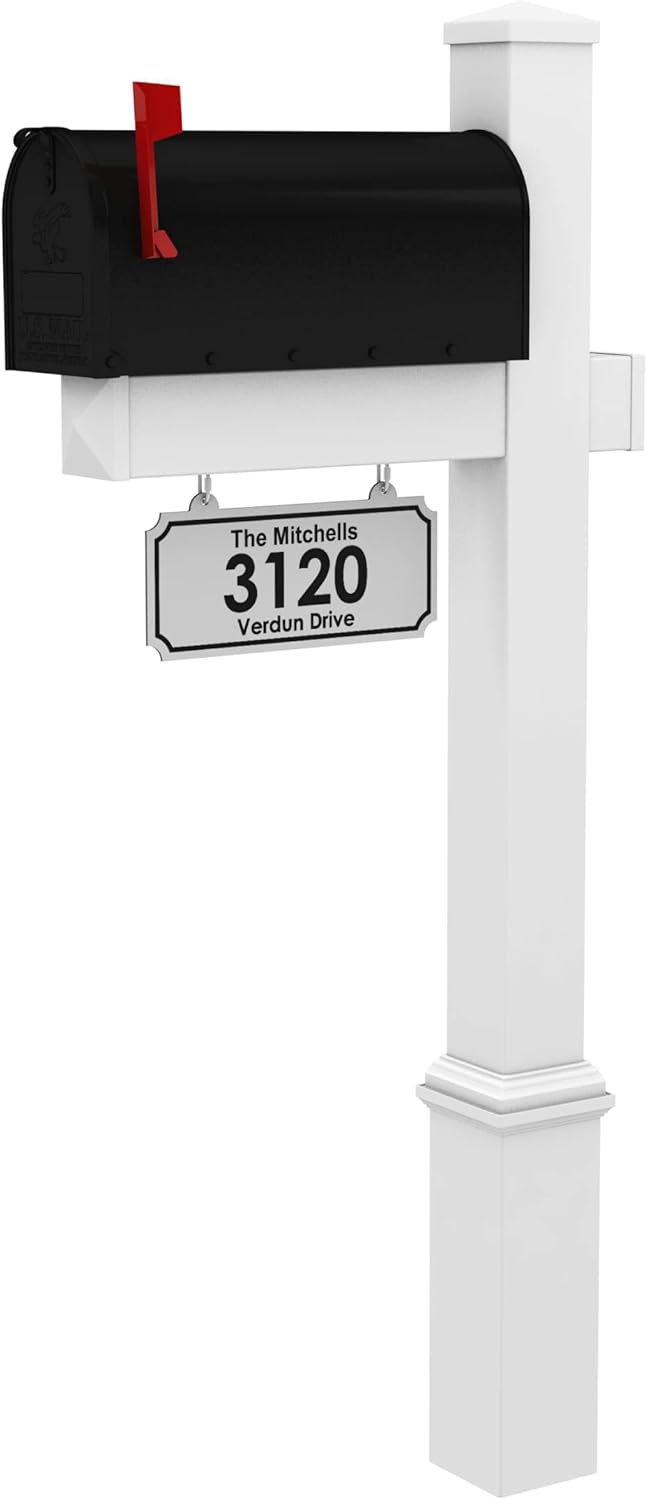 4Ever Products The Rockport Vinyl Mailbox Post System - Includes Black Steel Mailbox and Custom Street Address (White)