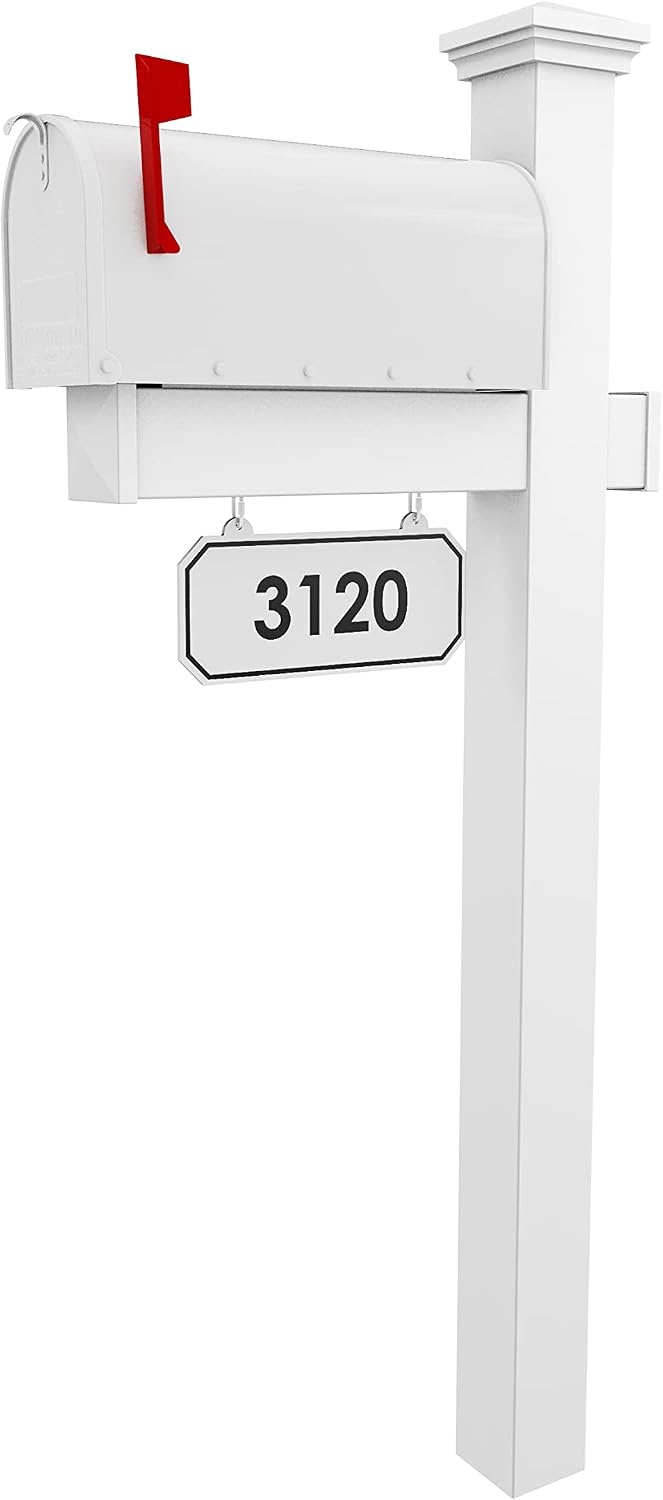 4Ever Products The Jackson Complete Mailbox System - Vinyl/PVC Post (Includes Mailbox) Decorative Curbside Postal Solution with Classic Traditional Style and Hanging Address Plate (White Mailbox)