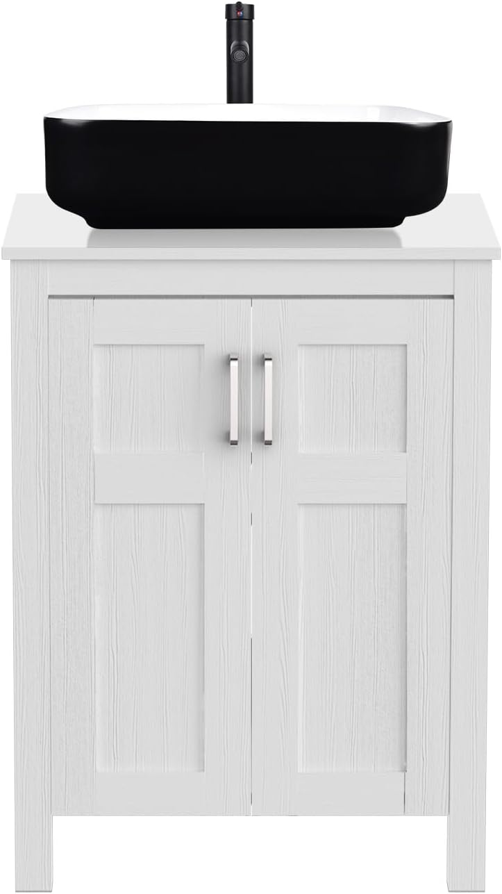YOURLITE 24' Bathroom Vanity with Sink, White Bathroom Vanity and Sink Combo with Faucet & Pop Up Drain Set,Traditional Vanity with with White & Black Ceramic Sink