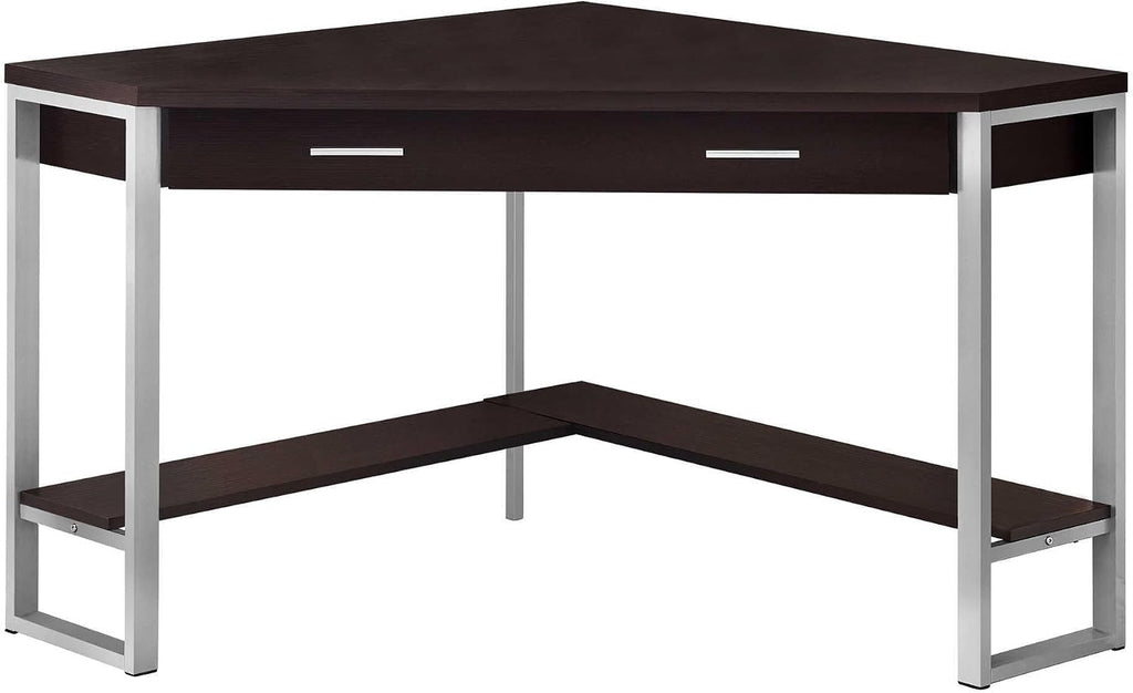 Pemberly Row Corner Computer Desk, 42' L, Particle Board and Metal, Cappuccino and Silver Finish, 1 Drawer with Shelf, Traditional Style for Home Office or Apartment Workspace