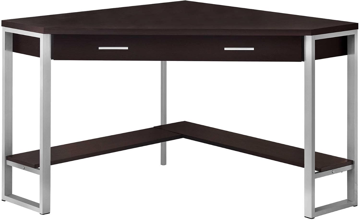 Pemberly Row Corner Computer Desk, 42' L, Particle Board and Metal, Cappuccino and Silver Finish, 1 Drawer with Shelf, Traditional Style for Home Office or Apartment Workspace