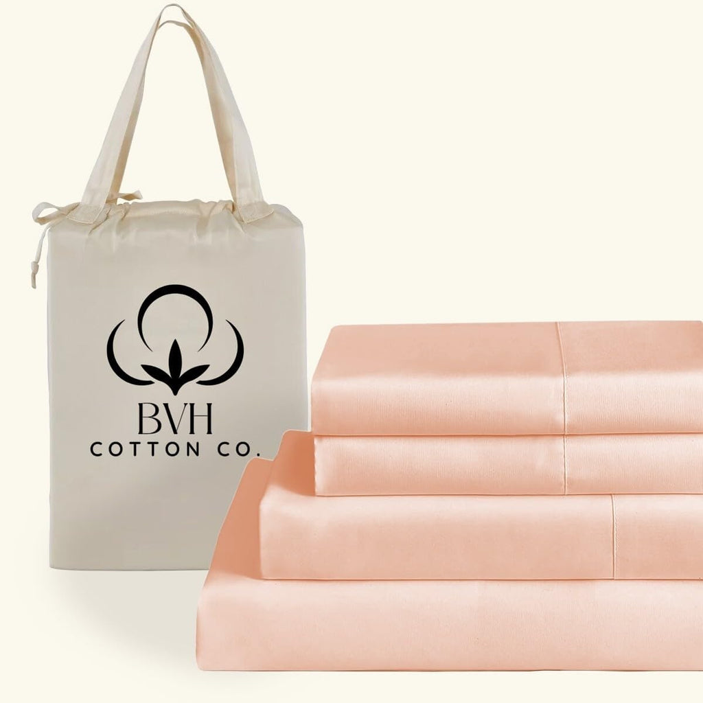 Egyptian Cotton Queen Size Sheet Set, 4Pc Bed Set, Soft & Breathable Percale Weave, Fits 10-12' Deep Pocket, Hotel-Quality 1000 Series Bed Sheets (Solid, Peach)