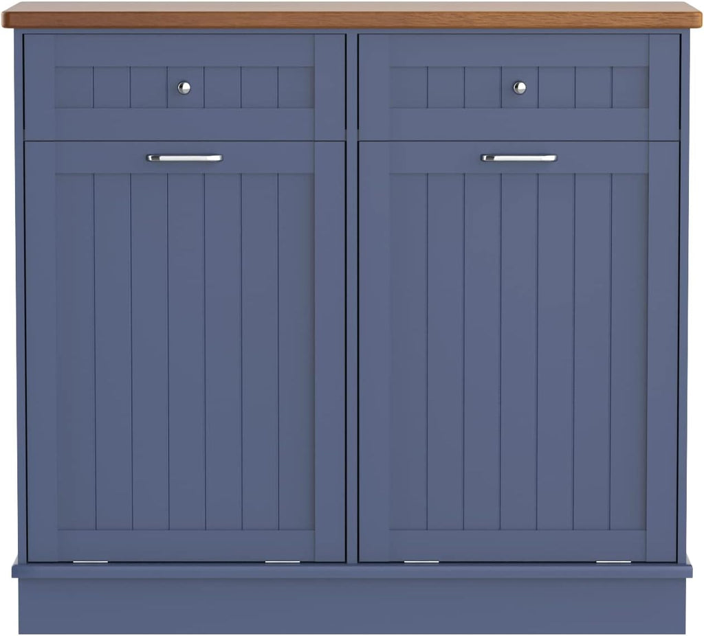 TOLEAD Tilt Out Trash Cabinet,Antique-Style Beadboard Kitchen Island with Solid Wood Tabletop & Drawer, Pet Proof Trash Can, Wood Laundry Cabinet (Blue, Double Door)