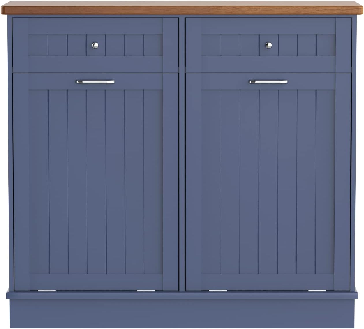 TOLEAD Tilt Out Trash Cabinet,Antique-Style Beadboard Kitchen Island with Solid Wood Tabletop & Drawer, Pet Proof Trash Can, Wood Laundry Cabinet (Blue, Double Door)
