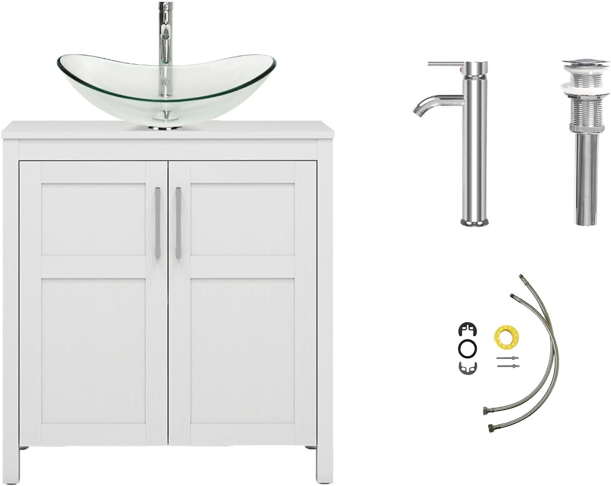 YOURLITE 30 Inches Traditional Bathroom Vanity Set with Single Faucet Hole, Clear Boat Glass Sink, White Finish, 2-Door Cabinet