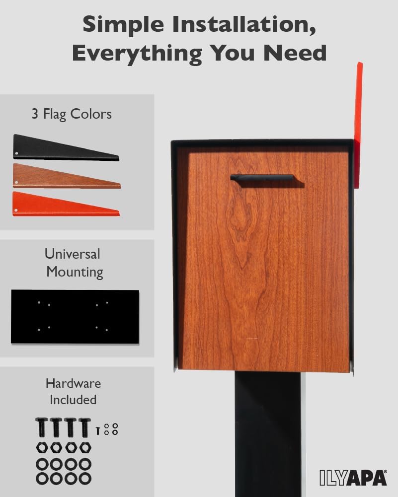 Ilyapa Modern Mailbox Post Mount - Large Mailbox for Outside - Black Metal Mail Box - Powder Coated Steel - All Weather Resistant