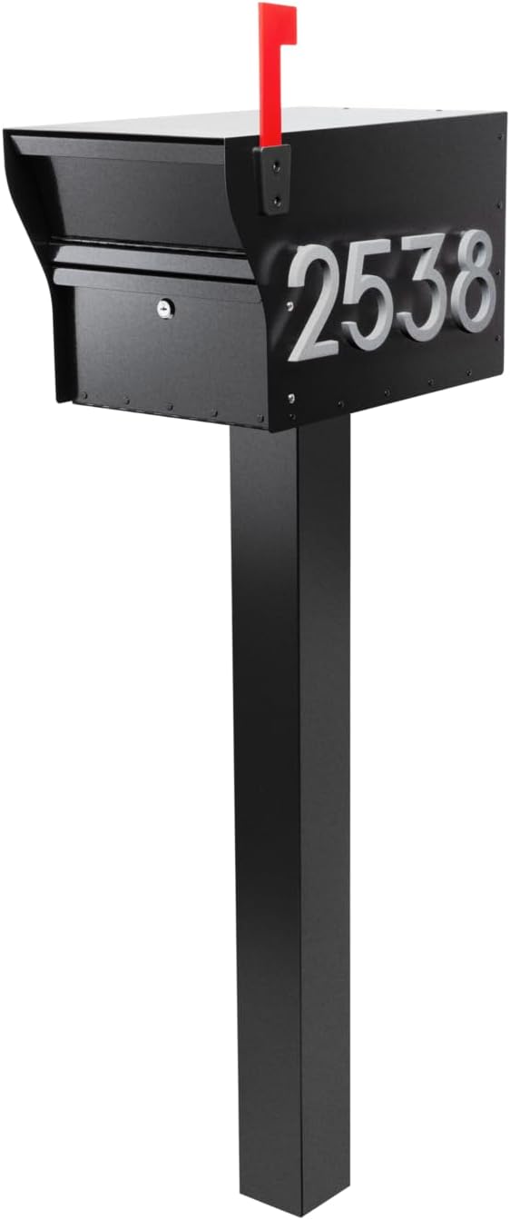 Whitehall MailVault Streetside Locking Mailbox with Post, Personalize with Modern Stand-Off Address Numbers Package – Steel, Secure Weather Resistant Modern Square Mailbox (Black/Silver)