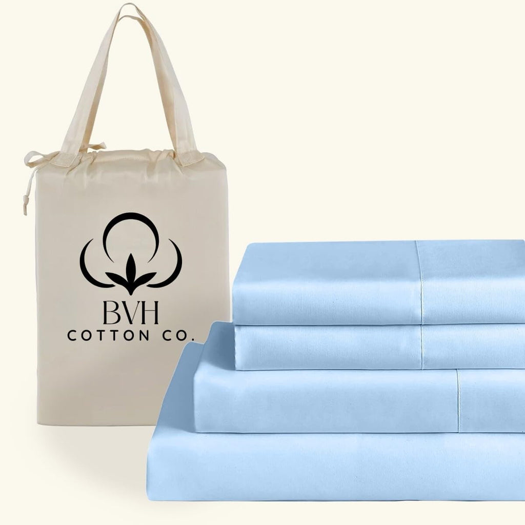 Egyptian Cotton Queen Size Sheet Set, 4Pc Bed Set, Soft & Breathable Percale Weave, Fits 10-12' Deep Pocket, Hotel-Quality 1000 Series Bed Sheets (Solid, Light Blue)